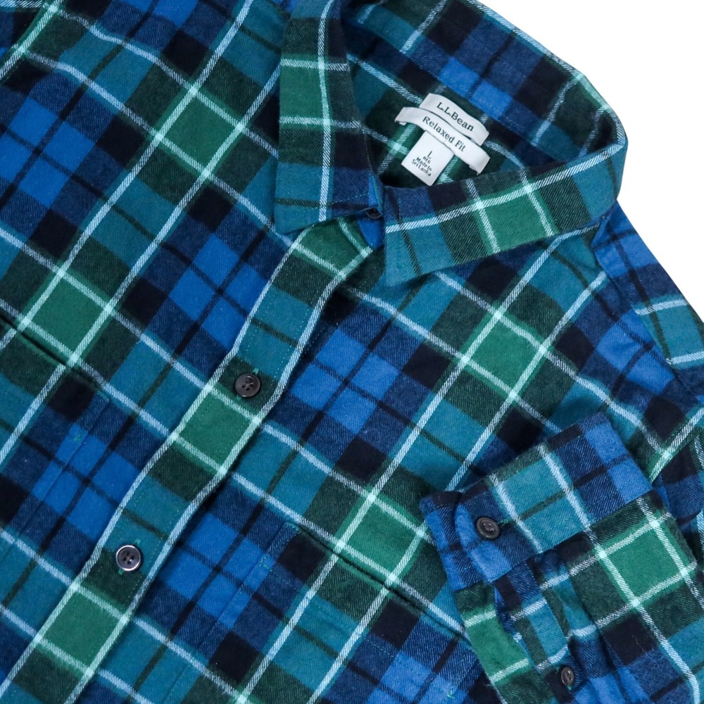 L.L. Bean Flannel Shirt Mens Large Blue Green Plaid Relaxed Fit Cotton 508276